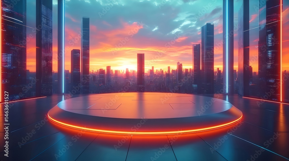 Poster 未来的な都市景観 夕暮れ時のネオンライトが輝く高層ビル群 抽象的な都市の背景デザイン