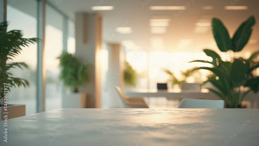 Poster Wooden table in a vacant open space office. Abstract light bokeh in the background for design purposes.