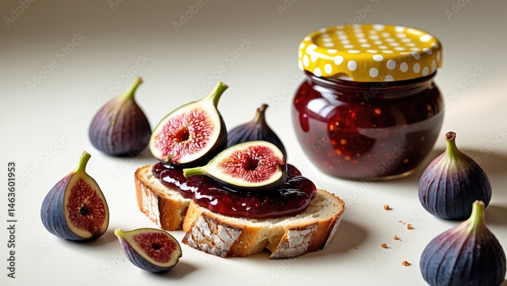 Poster delicious fig jam in a jar alongside a slice of bread in a bright, natural setting
