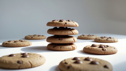 Close-up of baked chocolate cookies with sugar and crispy texture against a white backdrop