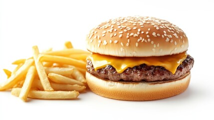 Appetizing Cheeseburger and Fries Delight on a Clean White Backdrop