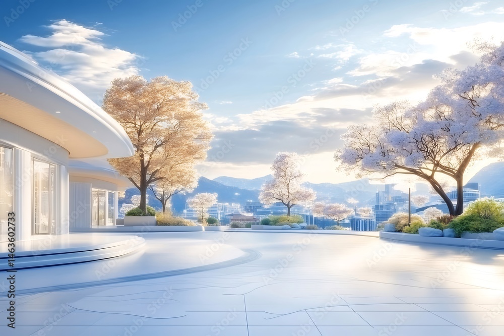 Aufkleber 白い建築と桜の木が並ぶ都市の春の風景 テラスからの光景と穏やかな空が広がる