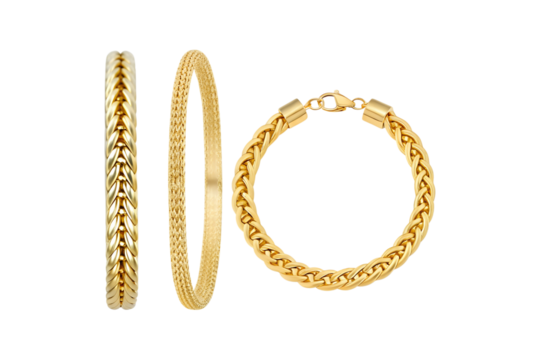 Three golden bracelets on a neutral background, showcasing a variety of styles transparent background