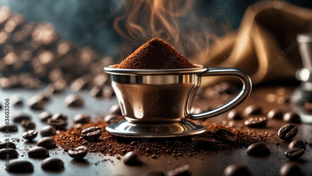 Poster Espresso machine with coffee beans and portafilter in a bar setting