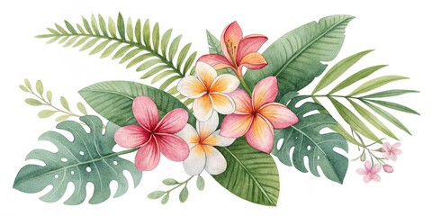 Watercolor Tropical Floral Bouquet Plumeria and Monstera Leaves Composition, Illustration, Design, Floral Arrangement, Hawaii Tropical flowers, Watercolor painting