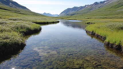 Fototapeta premium Serene Tundra Landscape Reflecting Clear Blue Sky and Tranquil Water