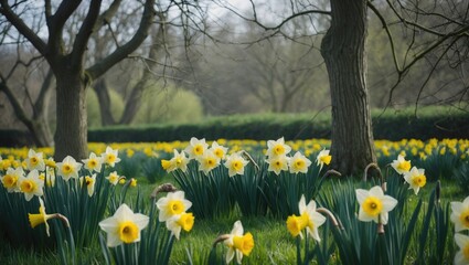 Flowering daffodils in the meadow garden