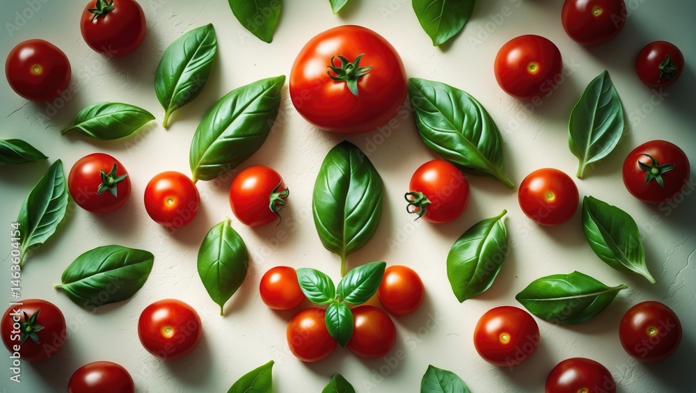 Aufkleber cherry tomato and basil leaf design on a minimal flat lay background