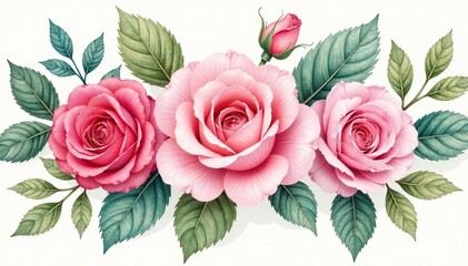Naklejka premium Intricate watercolor roses & leaves, vintage style, background, beauty