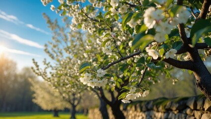 Fototapeta premium Exquisite detail of an apple tree in full bloom highlighting nature's beauty with blue skies and blooming flowers