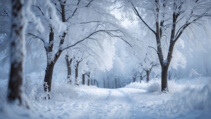 Obraz premium A tranquil winter landscape with snow-covered trees under a white, serene sky