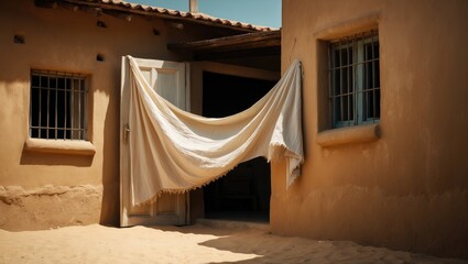 Traditional Moroccan clay house with an open door and fluttering fabric in a desert village