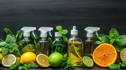 Natural cleaning products in bottles with citrus fruits and mint leaves on dark background studio shot