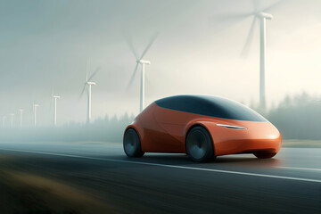 Fototapeta premium A sleek orange electric car drives past wind turbines on a foggy road, symbolizing sustainable and futuristic transportation.
