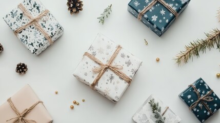 Arrangement of wrapped gift boxes, pine cones, and holiday decorations