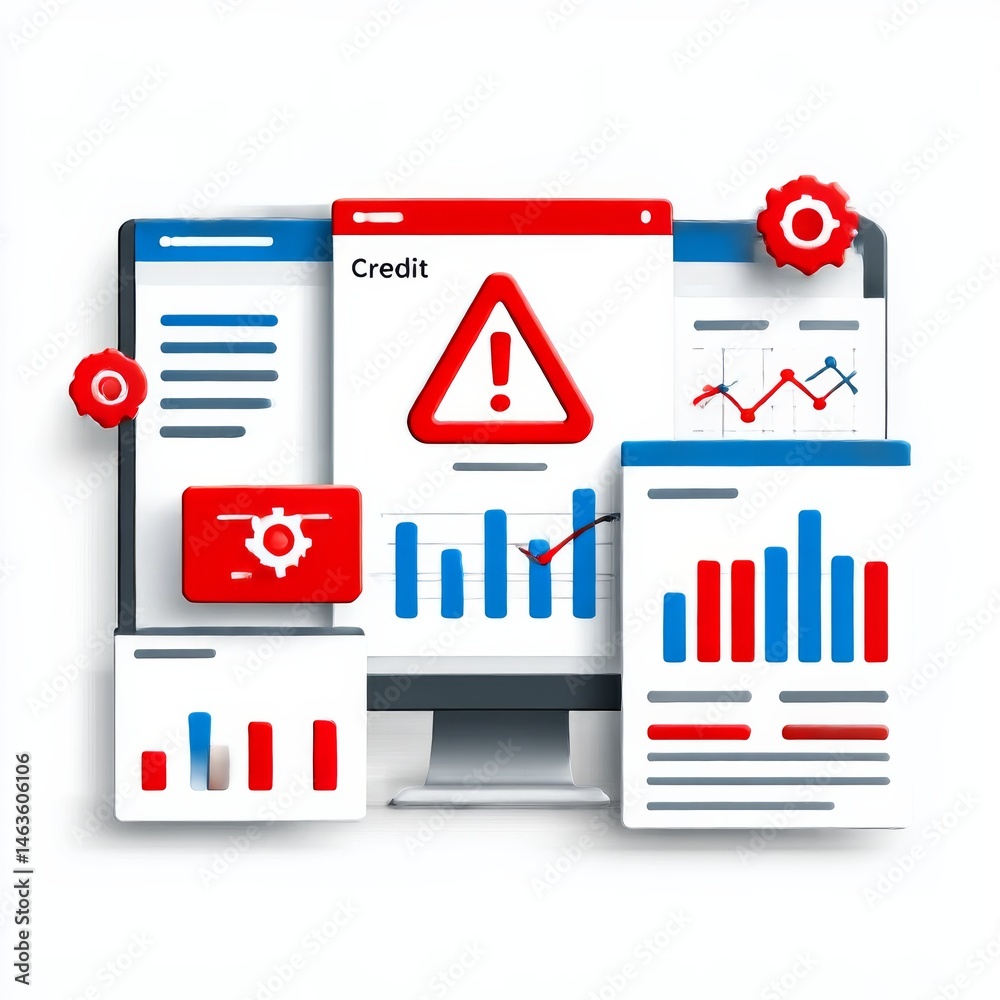 Fototapete Credit Risk Analysis Dashboard on a Computer Screen Showing Financial Performance and Warnings