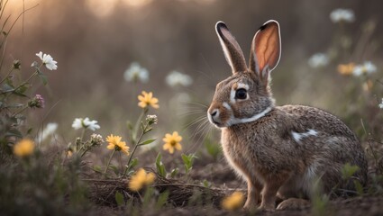 Fototapeta premium Wild jackrabbit amid blossoming wildflowers symbolizing spring, with prominent ears and gentle fur suitable for decor, greeting cards, and posters.