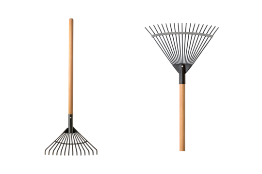 Two leaf rakes with wooden handles against a gray background in studio shot transparent background Generative AI
