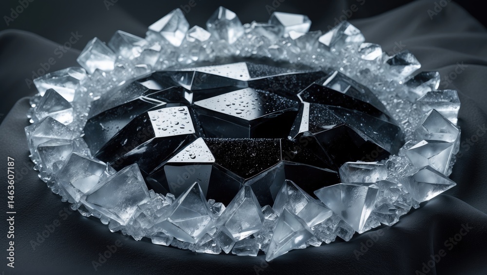 Poster ice cube pile framed on a black background featuring crushed and cracked ice