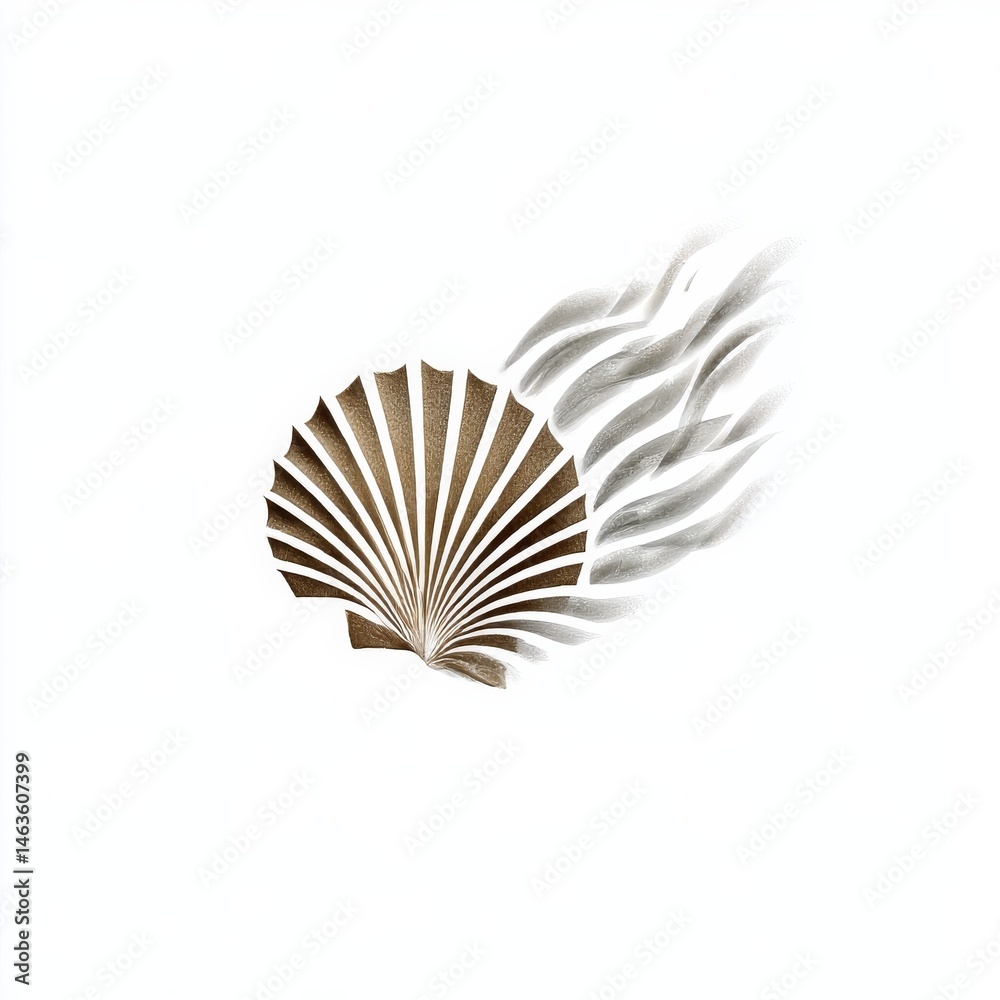 Aufkleber minimalist abstract art: golden shell with flowing trails on white background