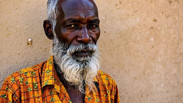 Elderly man with beard showing wisdom against a textured wall  