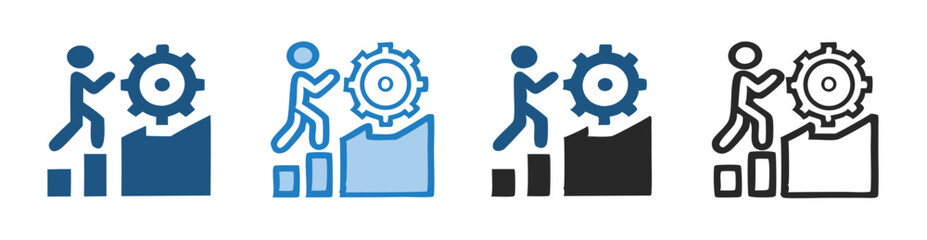 Man Climbing Stairs To Gear For Progress And Development Set Of Icons
