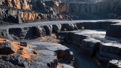 Historical black basalt quarry showcasing natural textures and volcanic landscape