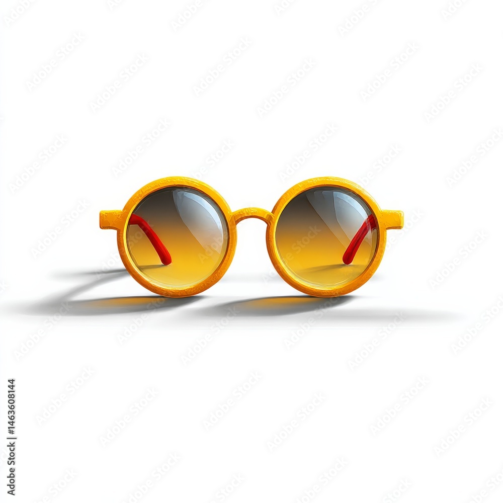 Poster retro round sunglasses with orange frame and red arms on a clean white background