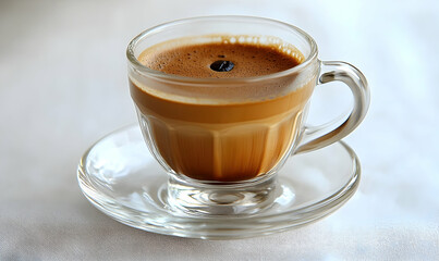 Fototapeta premium Close up of a transparent glass coffee cup with saucer on white