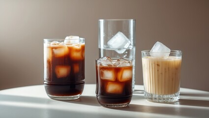 Refreshing cold coffee beverages with ice cubes in various glass sizes, perfect for summer