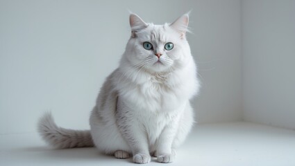 Obraz premium Adorable British breed silver kitten featuring green eyes on a plain white background in a sitting pose