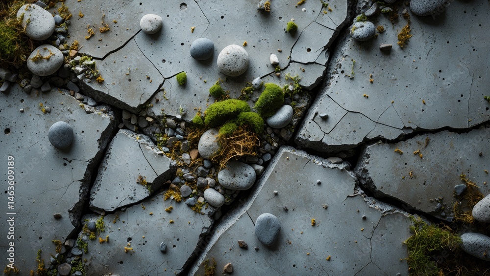 Aufkleber surface of weathered concrete with moss and pebbles in the cracks