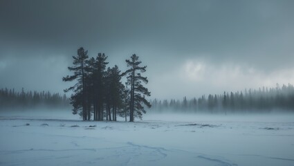 Snowstorm in the tundra with trees and limited visibility in the foreground