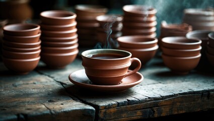 Morning food and drink: hot tea in a rustic earthen cup