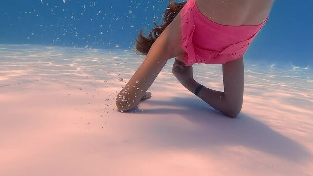 Young female swimmer diving deep into crystal clear swimming pool, touching bottom while generating playful bubbles and experiencing joyful underwater moment during summer leisure activity