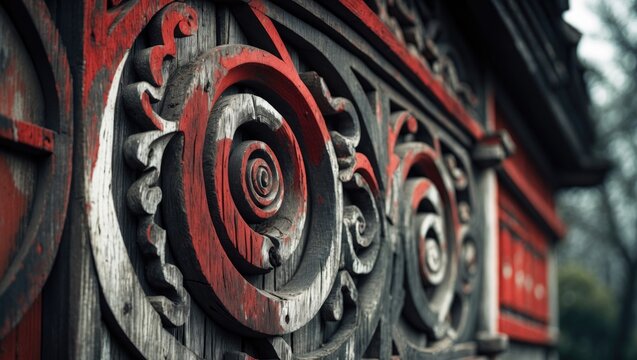 Authentic traditional house wall decorated with aged wood carving displaying geometric patterns in red, black, and white, representing cultural and ethnic symbolism.