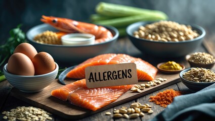 Allergen labels for common food ingredients such as egg, milk, soy, peanuts, fish, seafood, wheat flour, mustard, celery, oats