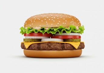 A single hamburger with lettuce, tomato, onion, pickle, and cheese on a sesame seed bun on a white background