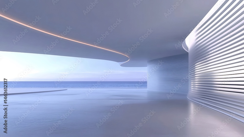 Poster 抽象的な現代建築のインテリアデザインと穏やかな海の眺め 未来的な白い構造と曲線美が特徴的な空間