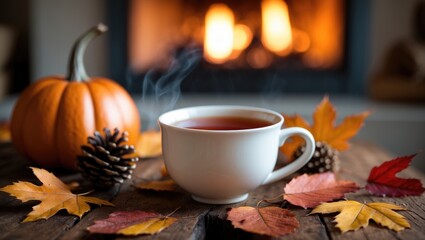 Cozy fall setting with a tea cup, pumpkin, and autumn leaves on a wooden table beside a warm fireplace