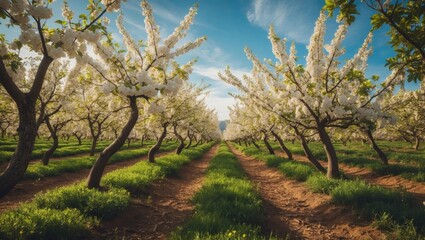 Obraz premium Rows of blossoming low-stem pear trees stretching across a spacious orchard