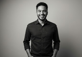 Obraz premium Portrait of a smiling man with hands in pockets against plain wall