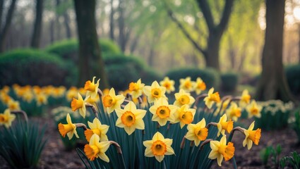 Fototapeta premium Colorful daffodil blooms in orange and yellow during spring season with floral scenery