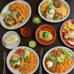 Diverse Mexican food plates displayed on a dark wooden table.
