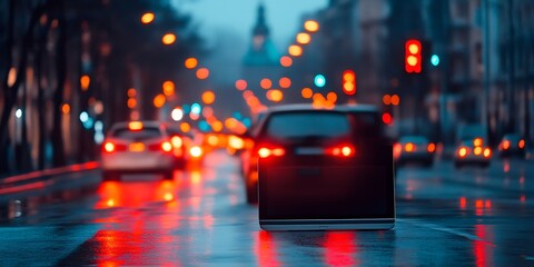 Fototapeta premium City street view with traffic and blurred lights, reflections on the wet pavement at night