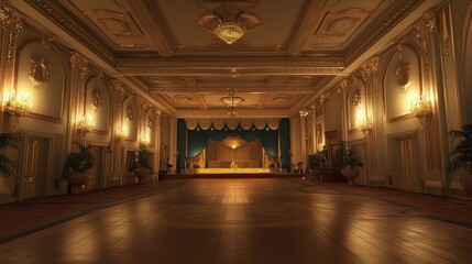 Elegant ballroom with ornate decor and soft lighting