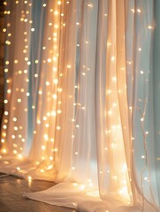 Abstract Sheer Curtains with Warm Fairy Lights Indoor Studio Shot Soft Focus Dreamy Ambiance