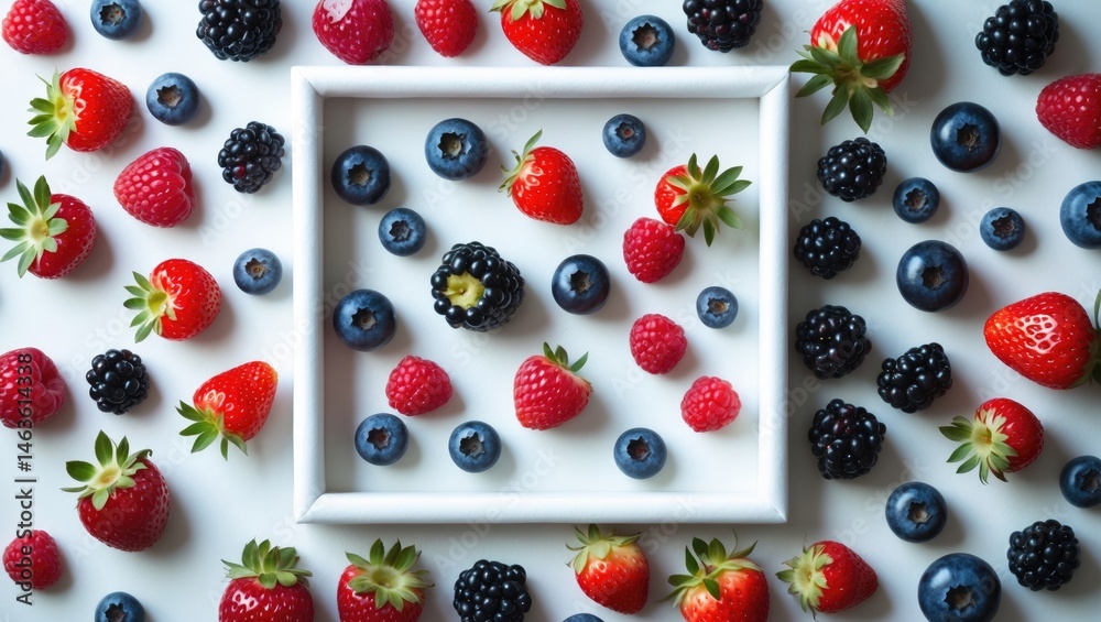 Poster Many different types of berries arranged as a frame on a background