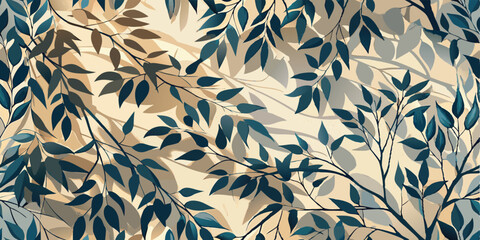 Elegant botanical seamless pattern with blue leaves and beige background