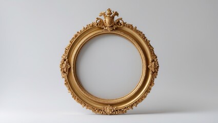 Antique circular wooden mirror with decorative gold ornament and carved details on white background